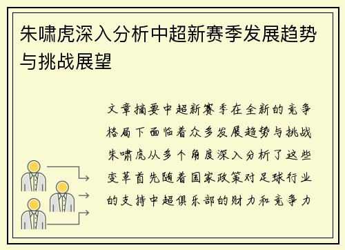 朱啸虎深入分析中超新赛季发展趋势与挑战展望 朱啸虎深入分析中超新赛季发展趋势与挑战展望
