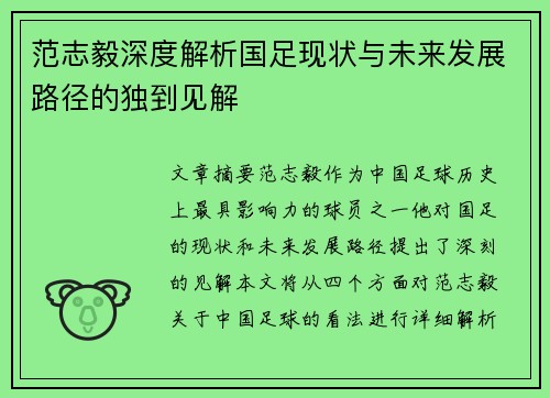 范志毅深度解析国足现状与未来发展路径的独到见解